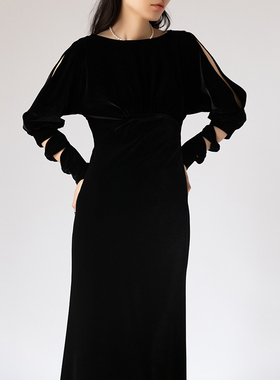 JIRANDESIGN高端黑色轻奢大牌赫本法式复古真丝丝绒走秀连衣裙