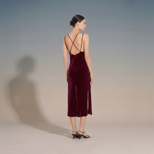 JIRANDESIGN真丝丝绒吊带裙露背宴会礼服酒红色连衣裙年会晚宴