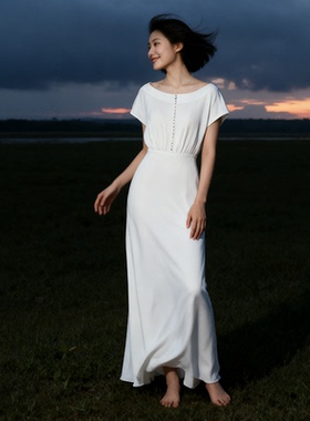 吉然JIRANDESIGN-珀络 · 珠光  白色30姆米桑蚕丝真丝连衣裙度假