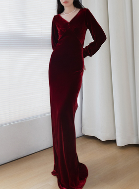 JIRANDESIGN 年会真丝丝绒长款连衣裙酒红色长袖礼服裙高端宴会
