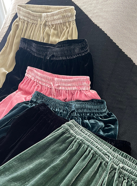 吉然设计裤子女秋冬款100%真丝绒宽松直筒裤子绿色桑蚕丝阔腿裤