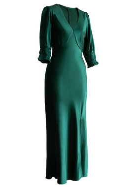 吉然设计春夏裙子女小众轻奢原创气质长裙高级感桑蚕丝绿色优雅显