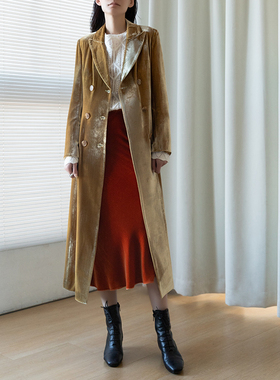 JIRANDESIGN 中长款高级感美拉德色复古丝绒大衣外套军大衣棕色