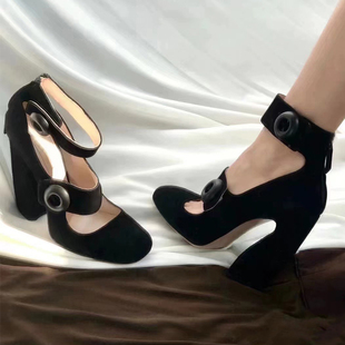 一字带罗马高跟鞋 宝藏复古中古圆头浅口玛丽珍高跟单鞋 坊 9号鞋