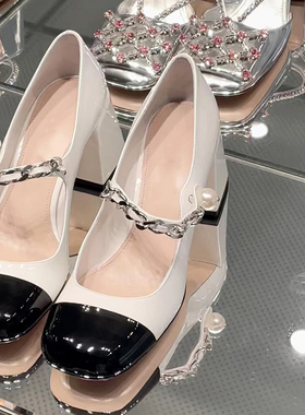 9号鞋坊复古拼色圆头浅口链条一字带玛丽珍高跟单鞋女粗跟高跟鞋