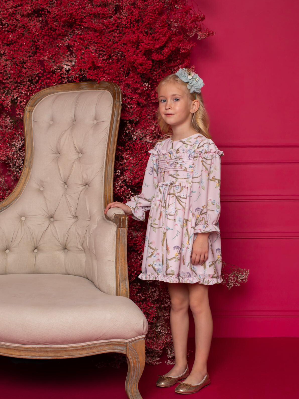 大熊家 葡萄牙女童长袖连衣裙粉色印花雪纺裙春夏女宝宝可爱裙子