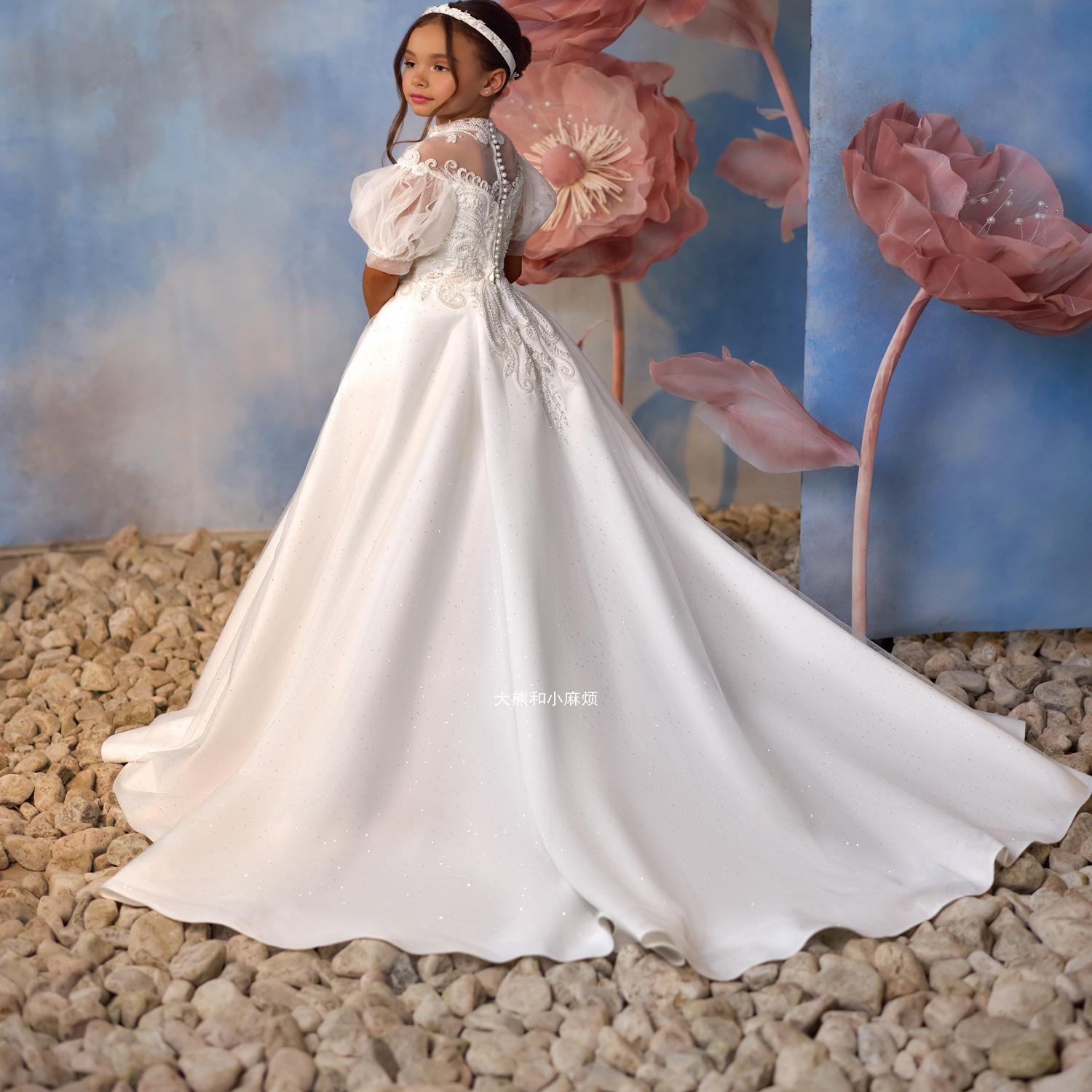 大熊家 乌克兰设计师手工定制礼服碎钻蝴蝶结刺绣拖尾亲子礼服