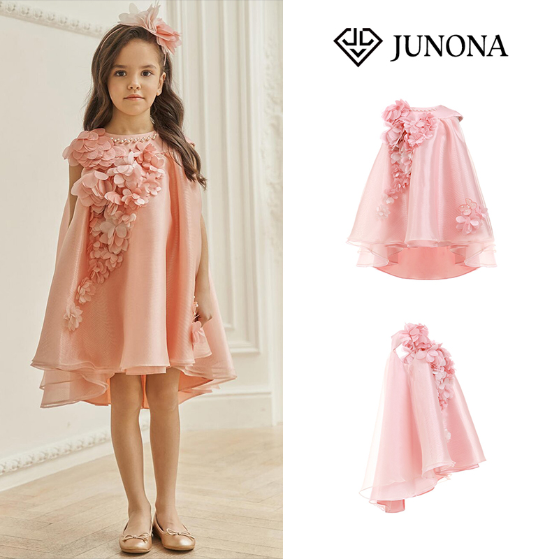 大熊家Junona姐妹装亲子装礼服裙女童女宝薄纱花朵珍珠粉色连衣裙