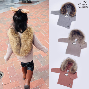 现货正品MILOVES男女童套头连帽大毛领针织衫羊毛休闲毛衣