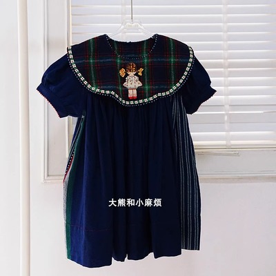 PERO秋冬女童刺绣格子羊毛连衣裙