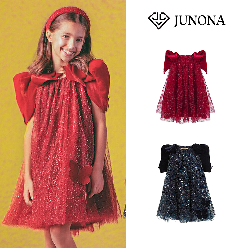 大熊家Junona姐妹装亲子装礼服裙女童女宝闪亮蝴蝶薄纱连衣裙