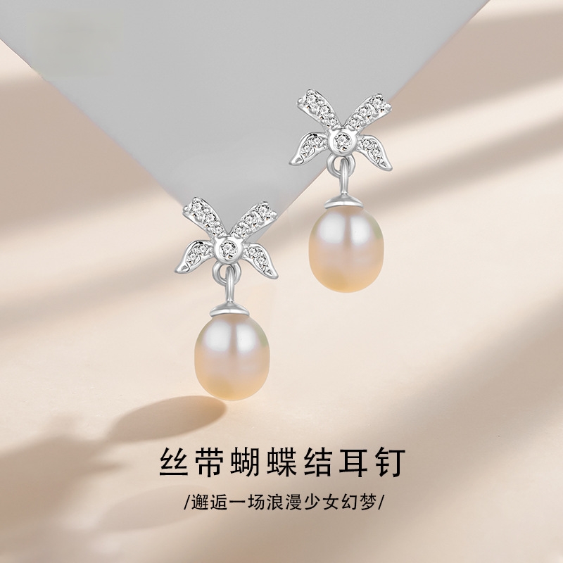 通体足银s999纯银淡水珍珠耳钉蝴蝶结耳环女小巧精致耳坠气质耳饰