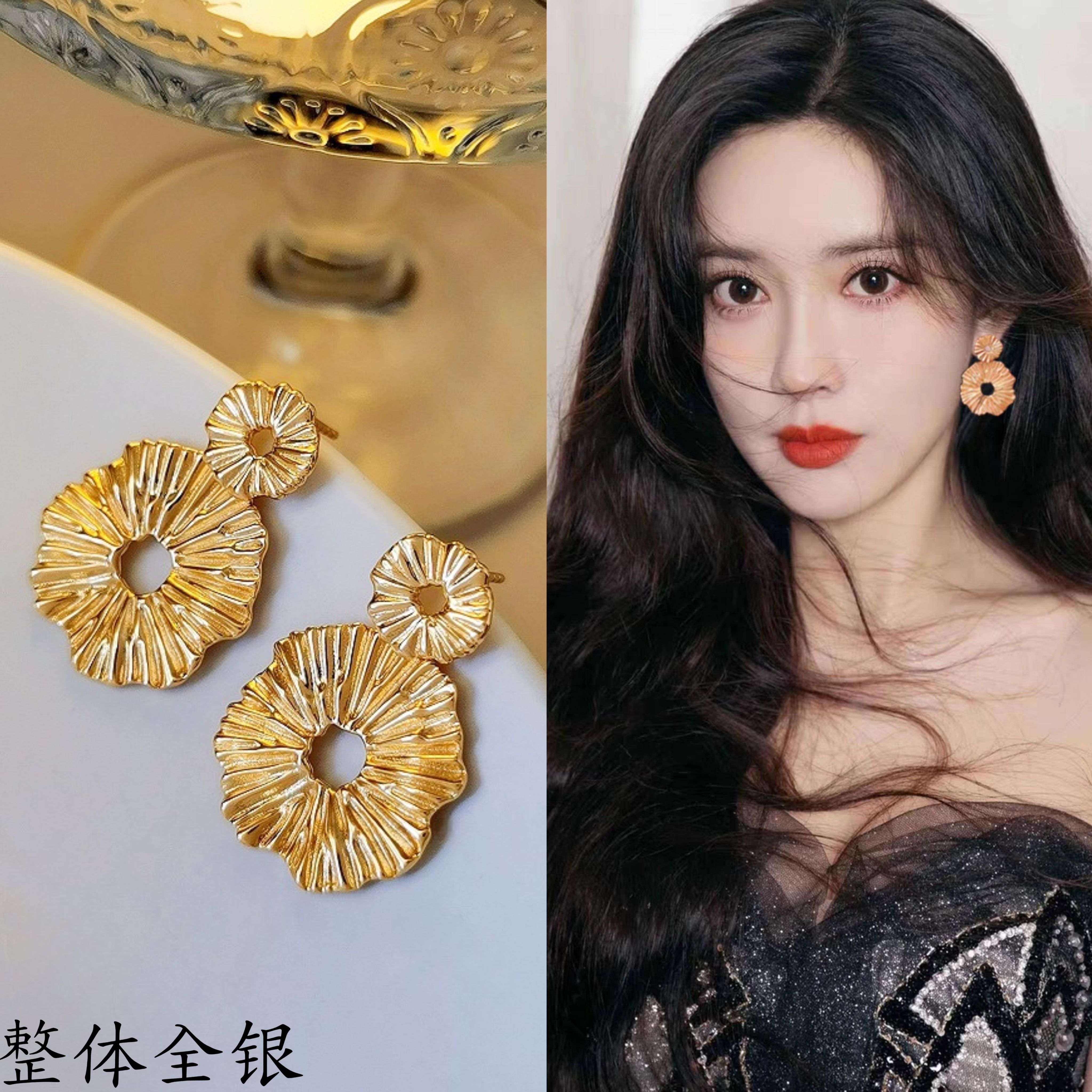 小众耳饰通体s925纯银耳钉欧美风不规则条纹气质法式耳环个性复古