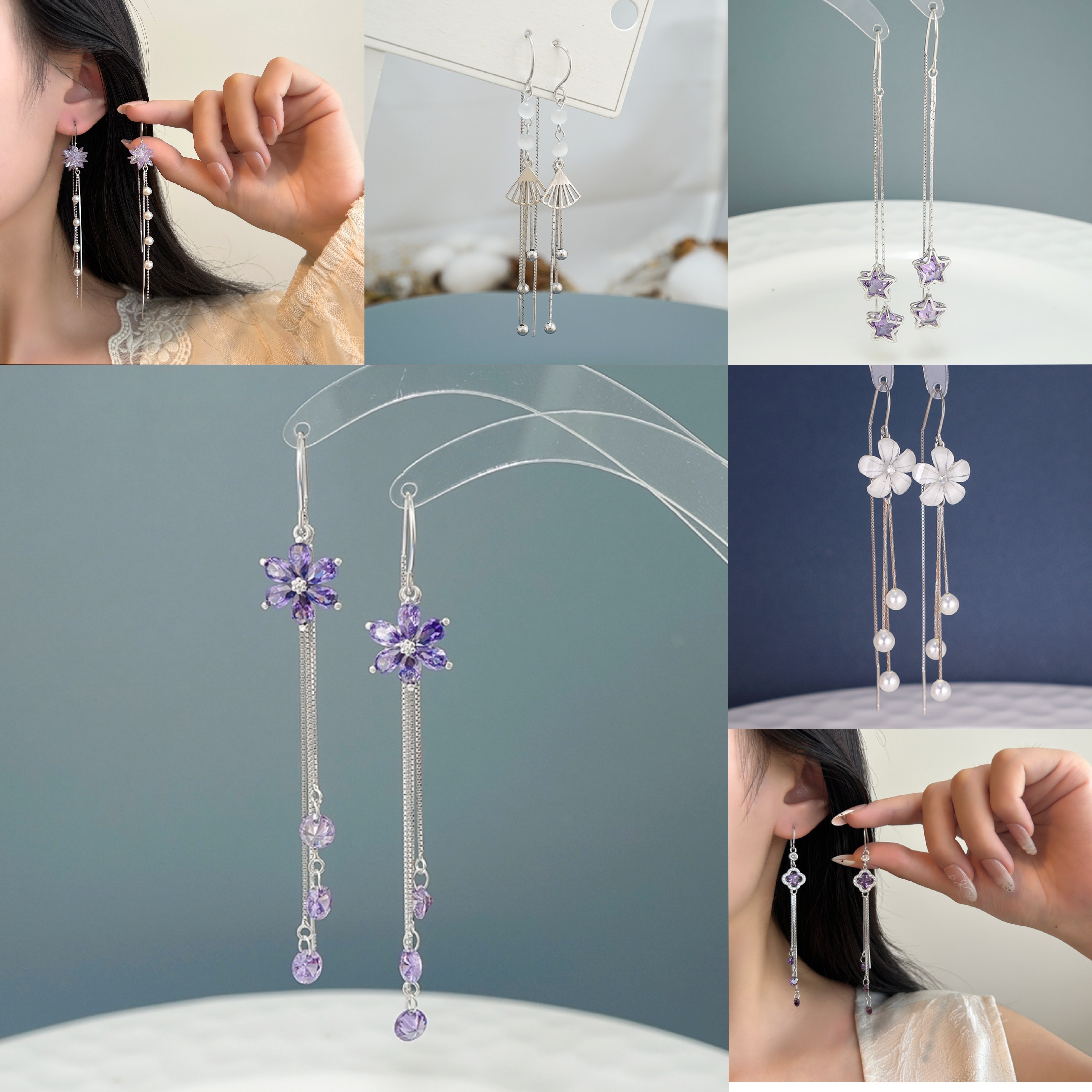 通体S925纯银花朵耳环冰花流苏耳饰女长款四叶草耳坠,饰品/流行首饰/时尚饰品新,银饰耳饰,淘宝优惠券,粉丝福利购,淘宝优惠卷