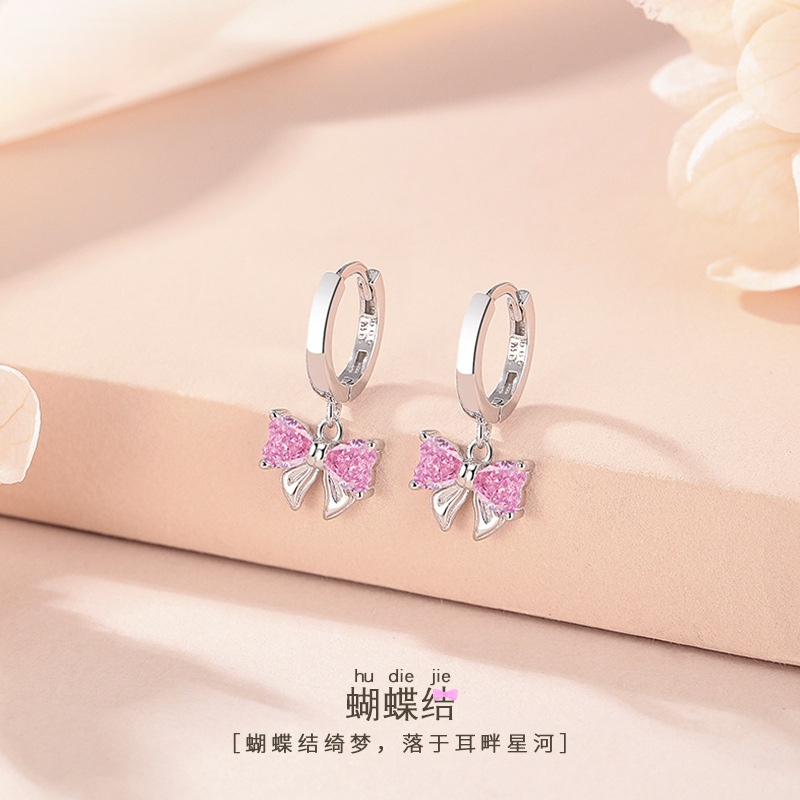 通体足银s999纯银耳饰小清新蝴蝶结耳环小众耳坠粉锆石甜美风耳扣