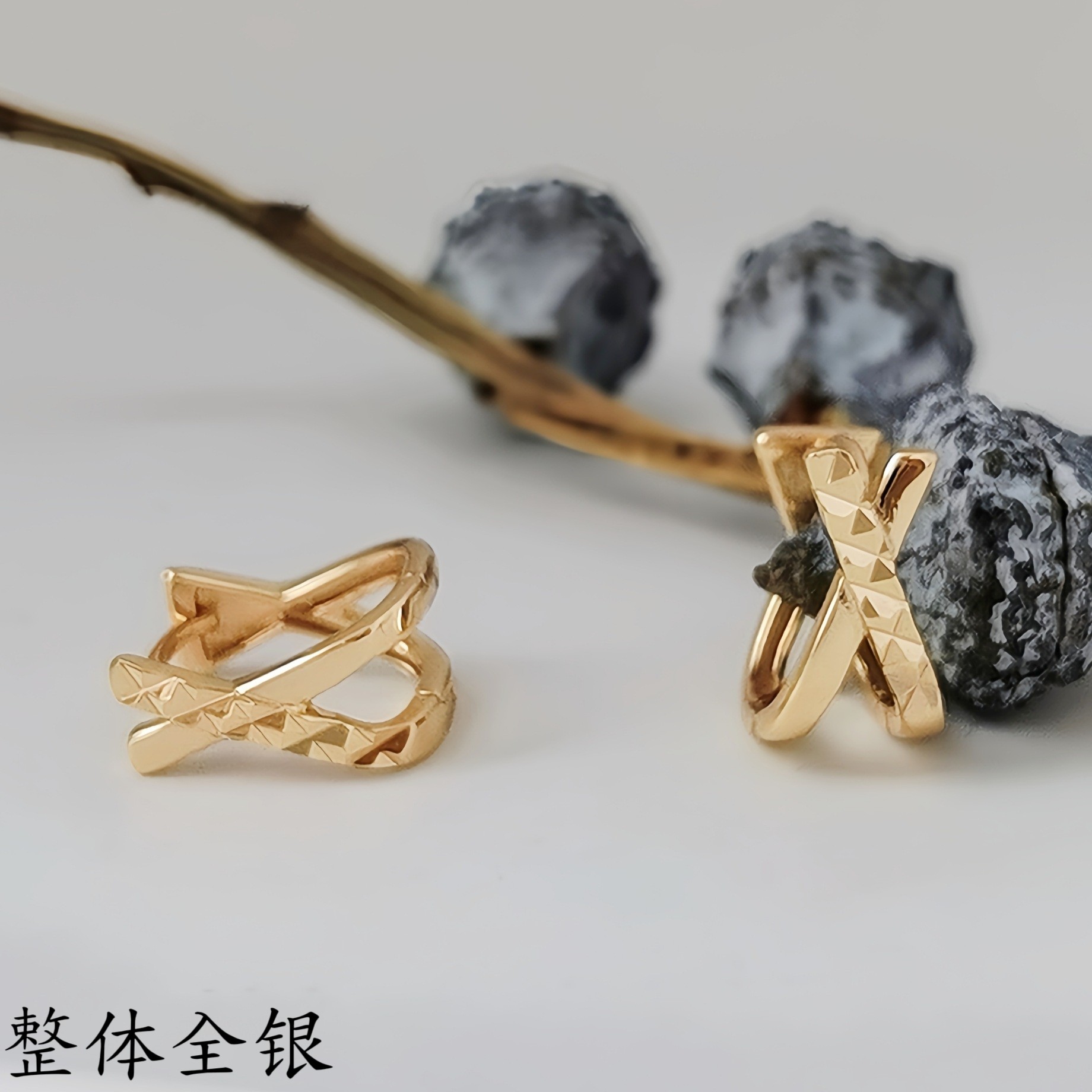 通体s925纯银简约百搭耳环女小圈车花耳扣贴耳垂极简气质X形耳坠