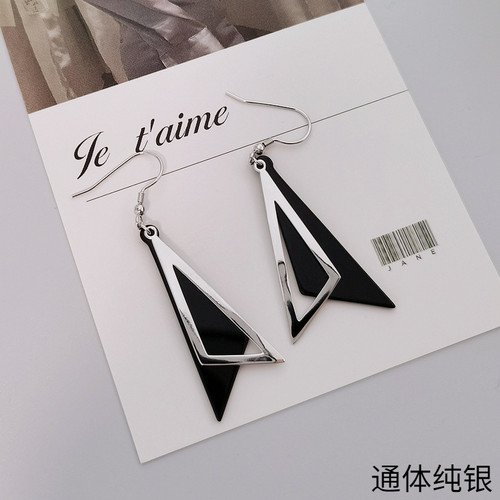通勤OL风几何耳坠通体s925纯银三角形黑玛瑙耳环女轻奢高级感耳饰