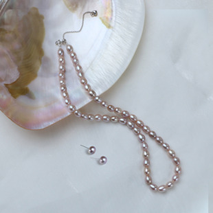 s925银6-7mm极光浓郁紫色米珠项链(赠7紫珠耳钉X298+R173