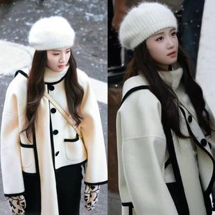 卢昱晓同款高品质双面羊毛大衣围巾短款白色商场同款千金风外套