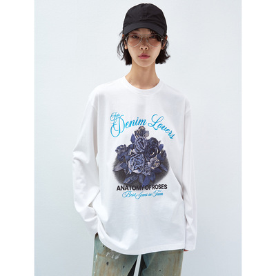 早春2026新品多重工艺牛仔玫瑰长袖圆领休闲宽松T恤女