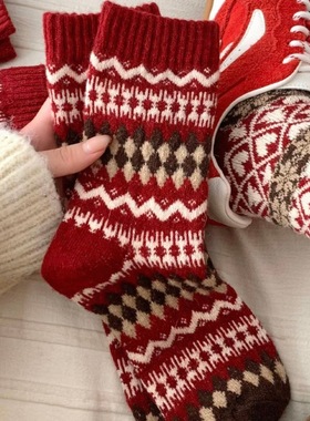 费尔岛红色袜子女本命年羊毛袜冬季加绒加厚保暖圣诞民族风中筒袜