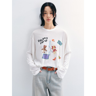 2026早春 新品纯棉卡通童趣通透干爽轻薄印花长袖宽松休闲T恤女