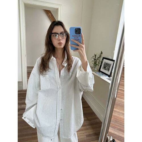 新款～ 腔调理念 复古麻棉白竖条纹大袖子衬衫女拼接长袖上衣秋