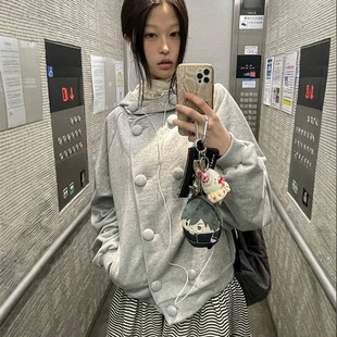 冷～日系ins波点双排扣连帽卫衣女秋季学院风宽松外套expiredgi*l