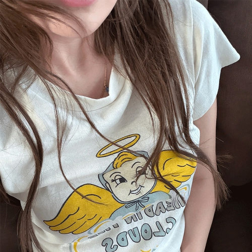 太萌了～韩系天使印花短袖T恤女修身显瘦百搭chic正肩上衣