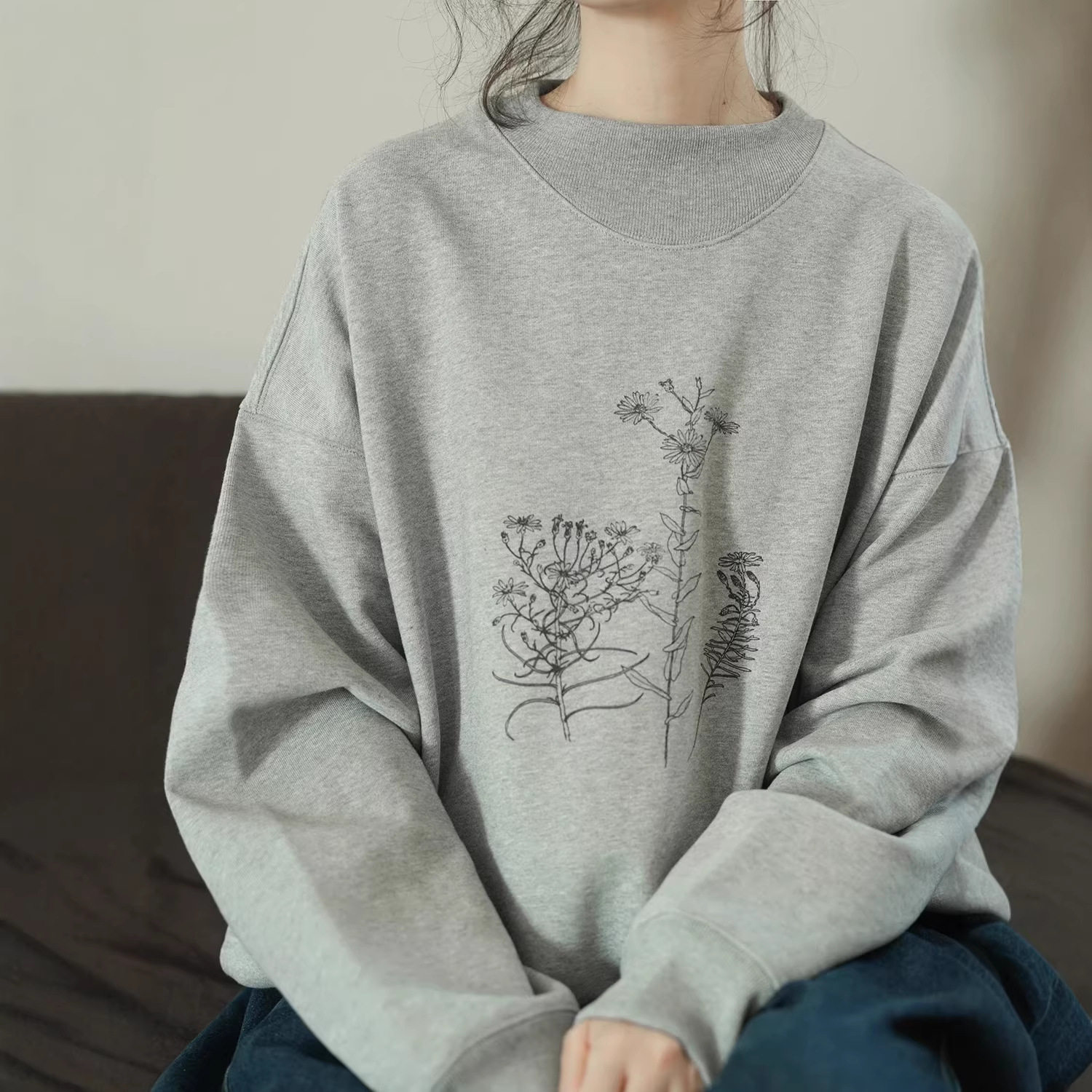 印花宽松长袖卫衣女装圆领落肩慵懒百搭套头新款灰色时间满载而归