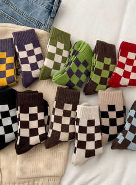 冬天厚袜子网红棋盘格羊毛袜加厚保暖女袜ins日系秋冬柔软中筒袜