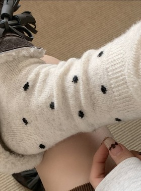 羊毛袜抽褶ins波点中筒袜子女甜美气质堆堆袜秋冬加厚保暖花边袜