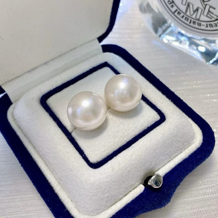 10-11mm天然淡水爱迪生珍珠耳钉诸暨正圆冷白光18k金耳钉澳白平替