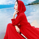 三亚海边沙滩沙漠旅游拍照真丝桑蚕丝连衣裙连帽防晒显瘦大摆长裙