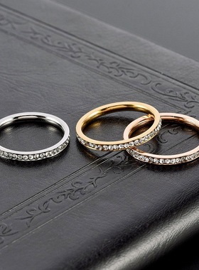 欧美潮流爆款2mm钛钢镶钻戒指女