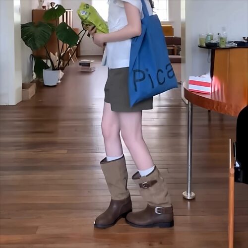 董洁同款皱褶堆堆靴中筒靴女2026新款复古西部靴圆头拼接骑士靴子