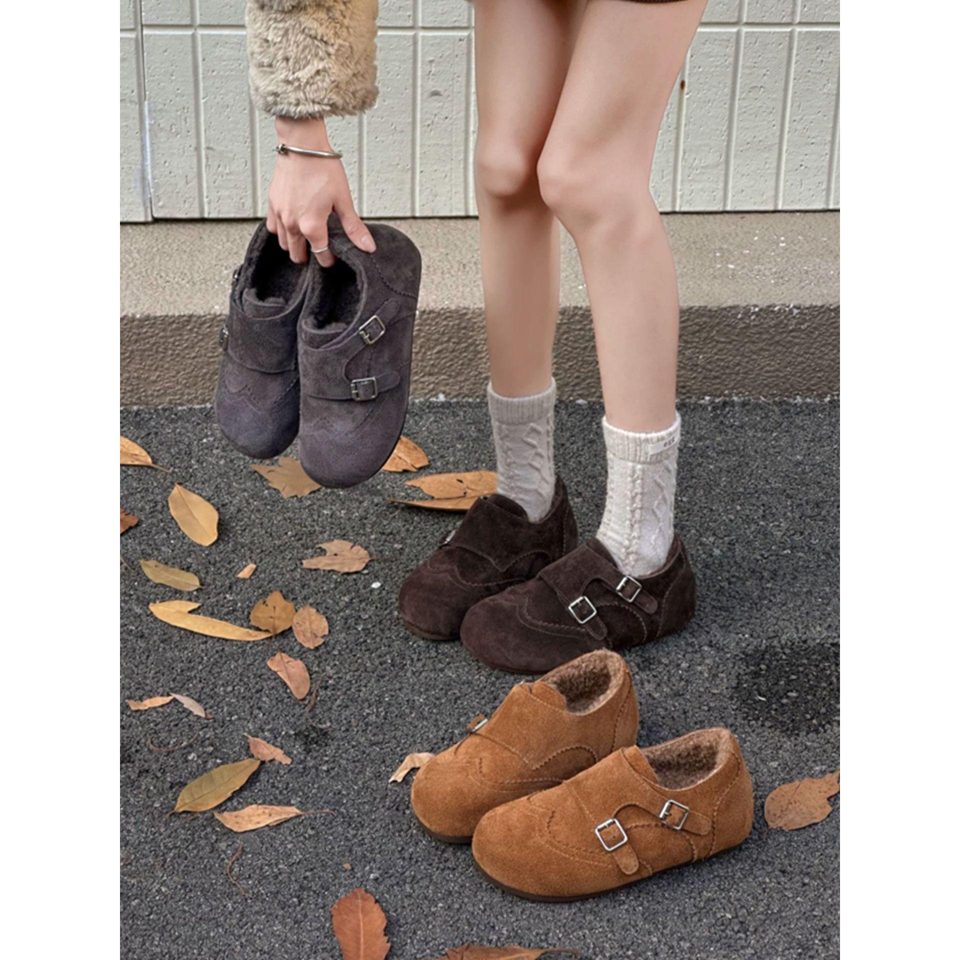 内增高复古反绒加绒勃肯鞋女2025冬季新款搭扣羊羔毛保暖乐福棉鞋