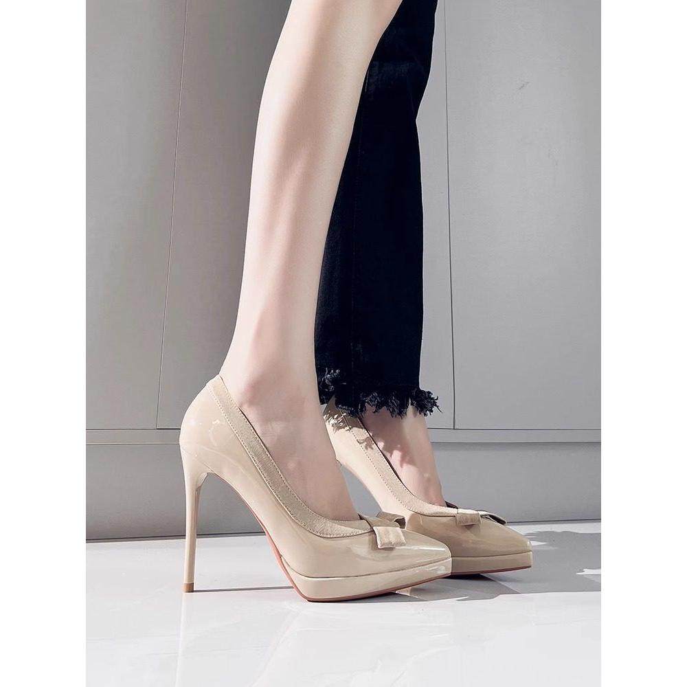 裸色漆皮防水台高跟鞋女春秋新款细跟不累脚10cm尖头气质配裙单鞋,女鞋,深口单鞋,淘宝优惠券,粉丝福利购,淘宝优惠卷