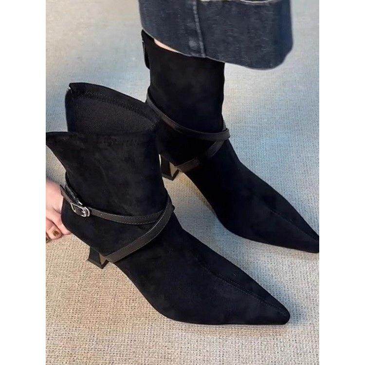 软皮高跟后拉链瘦瘦靴女2025磨砂皮带扣尖头气质短靴复古细跟单靴,女鞋,深口单鞋,淘宝优惠券,粉丝福利购,淘宝优惠卷