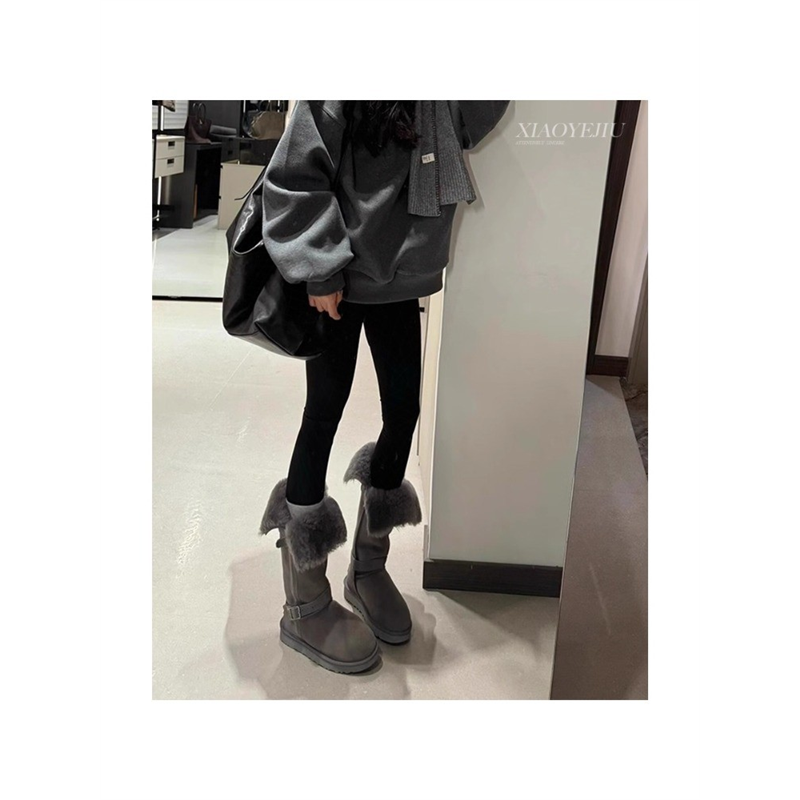 厚底长筒灰色雪地靴女2025新款冬季两穿中筒加绒不过膝骑士靴棉鞋