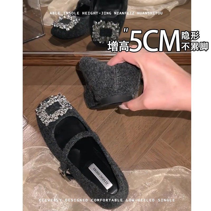 不累脚~小个子内增高5CM玛丽珍鞋女2025秋冬新款水钻方扣毛毛单鞋