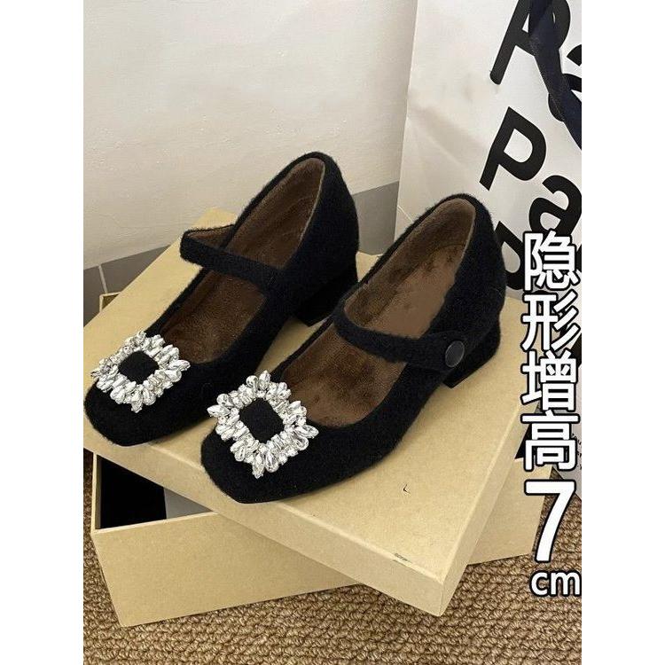 秋冬少女高跟鞋女法式加绒毛毛鞋百搭单鞋方头粗跟玛丽珍鞋仙女鞋