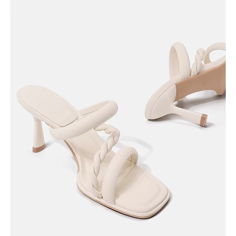 2026新款一字带麻花绳粗跟露趾方头高跟凉鞋夏凉鞋拖女夏外穿精致