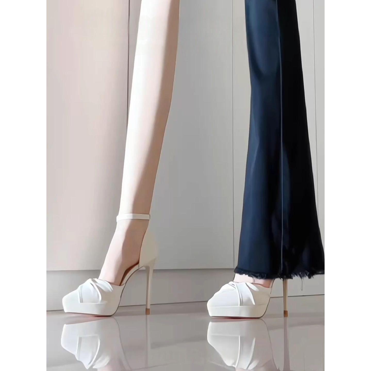 米白色法式高级感防水台高跟鞋女气质一字带褶皱设计细跟礼仪凉鞋