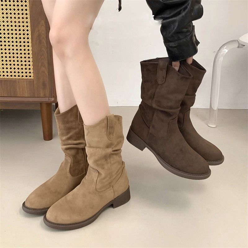 网红爆款2025秋冬马丁新款中筒美拉德西部靴显瘦短靴褶皱堆堆靴