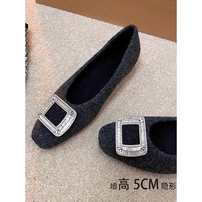 秋冬季加绒保暖绒面浅口玛丽珍单鞋女平底内增高5CM方扣毛毛鞋女