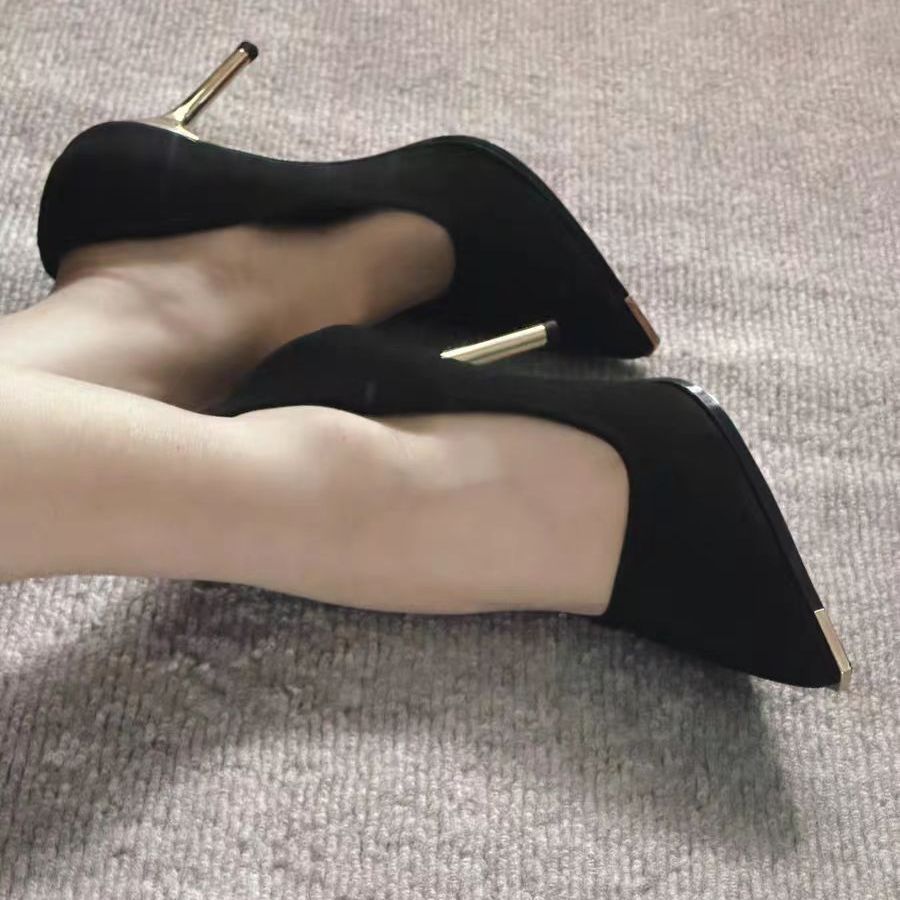 黑色性感尖头不累脚高跟鞋女细跟2025年新款绒面气质百搭职业单鞋