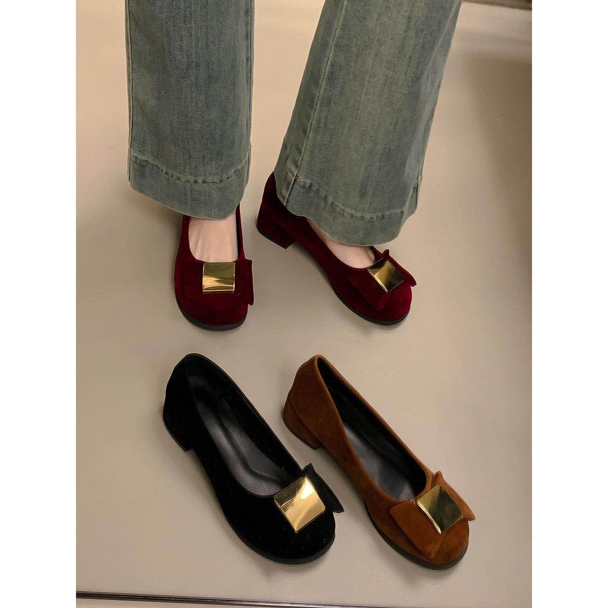 法式红色粗高跟小香风单鞋女鞋子2025春秋季气质蝴蝶结晚晚奶奶鞋,女鞋,深口单鞋,淘宝优惠券,粉丝福利购,淘宝优惠卷