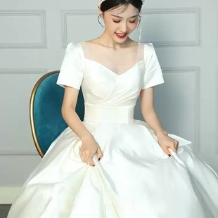 出租缎面礼服春夏新款新娘法式齐地拖尾小个子婚纱婚礼迎宾纱租赁