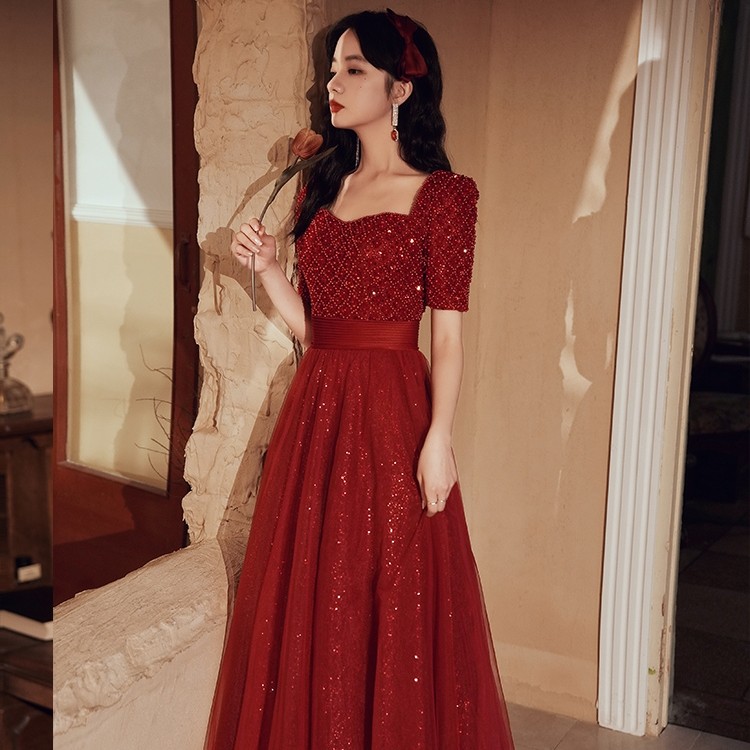 订婚服结婚敬酒服主持人酒红色绑带礼服公司年会宴会晚礼服租赁